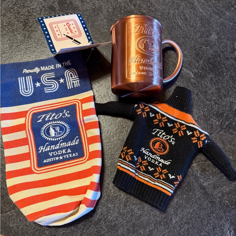 Tito's Vodka Themed gift bag - Red, Blue, White. Copper mug and sweater